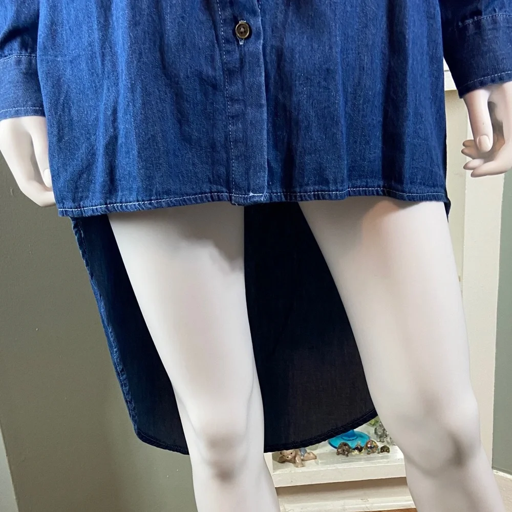 Say What? Denim Chambray High Low Tuxedo Shirttail Tunic Shirt Blouse Top Medium
